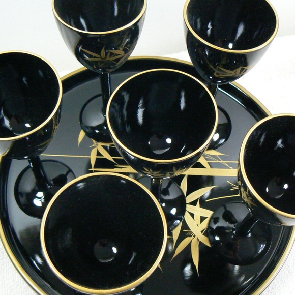 VTG black lacquer Bamboo design gold on black lacquer set of 6 goblets tray Box - Picture 8 of 12